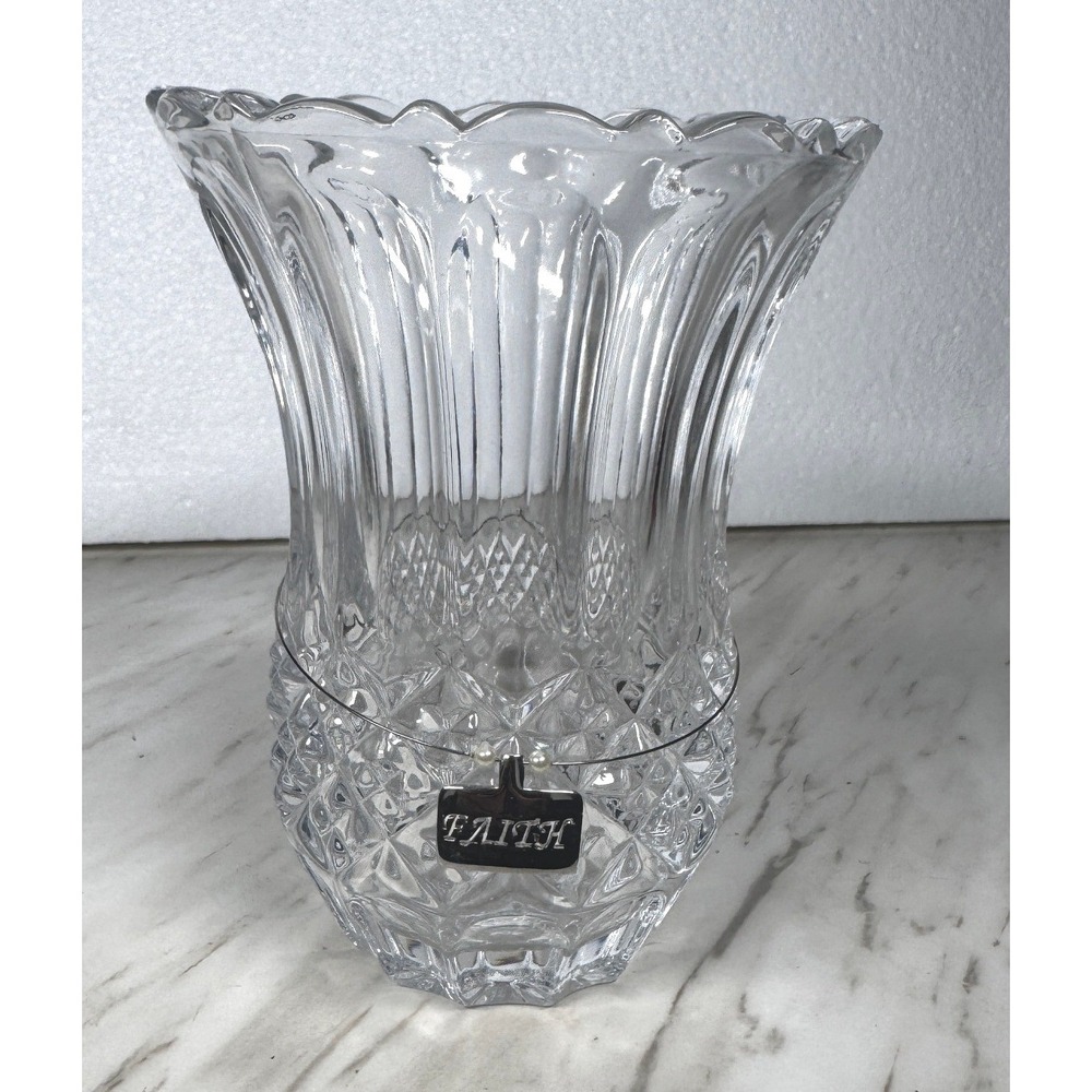 Clear Cut Glass Vase Scalloped Rim Faith Charm Accent 5.25 Inch Home Decor